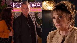 Maggie in Corrie flashback - 8 December. Also in image is George and Christina