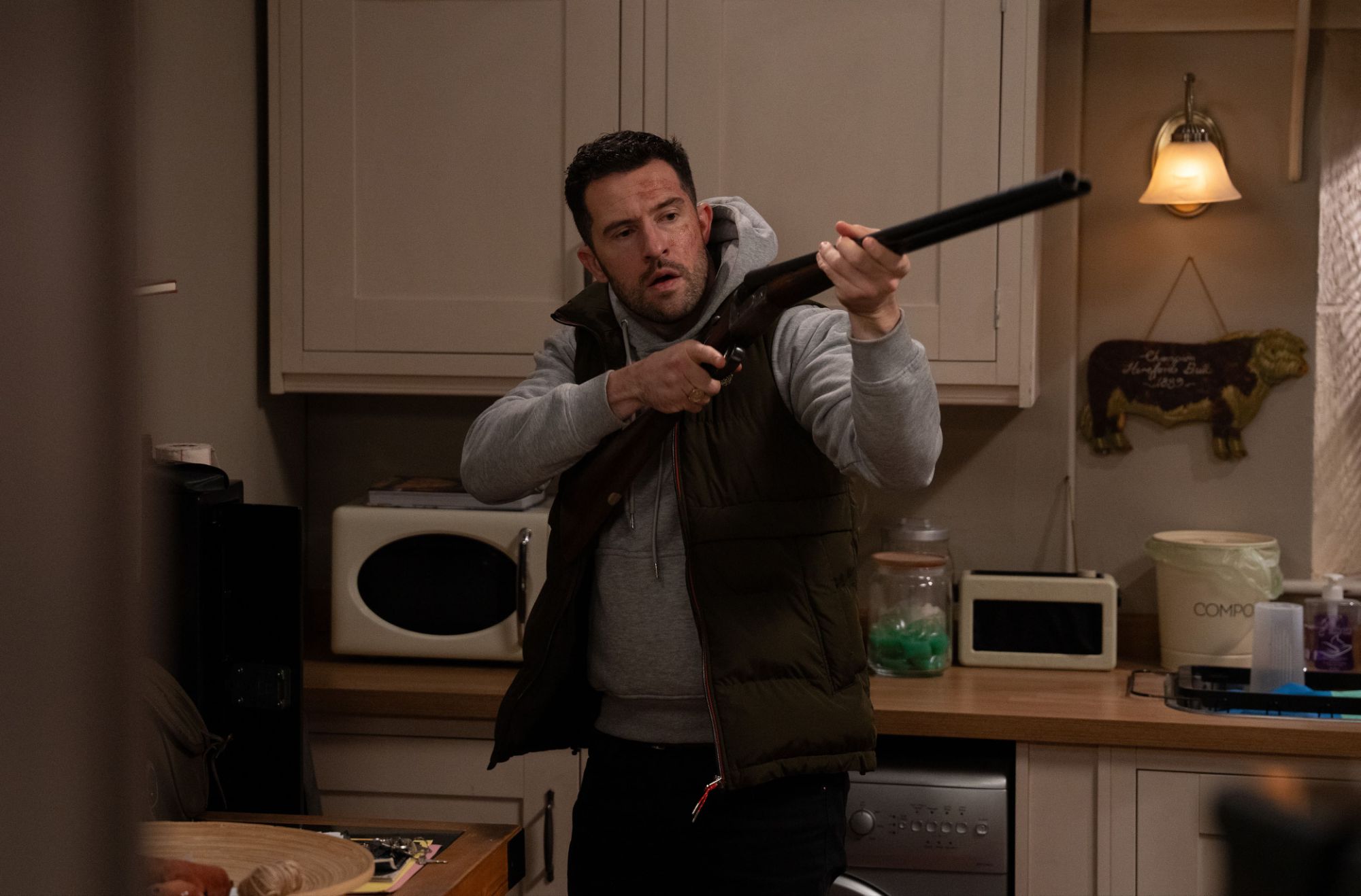 Ros and his gun in Emmerdale