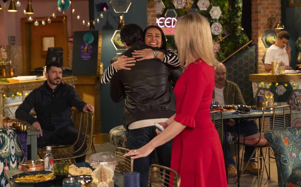 Idris in Corrie with Alya and Leanne