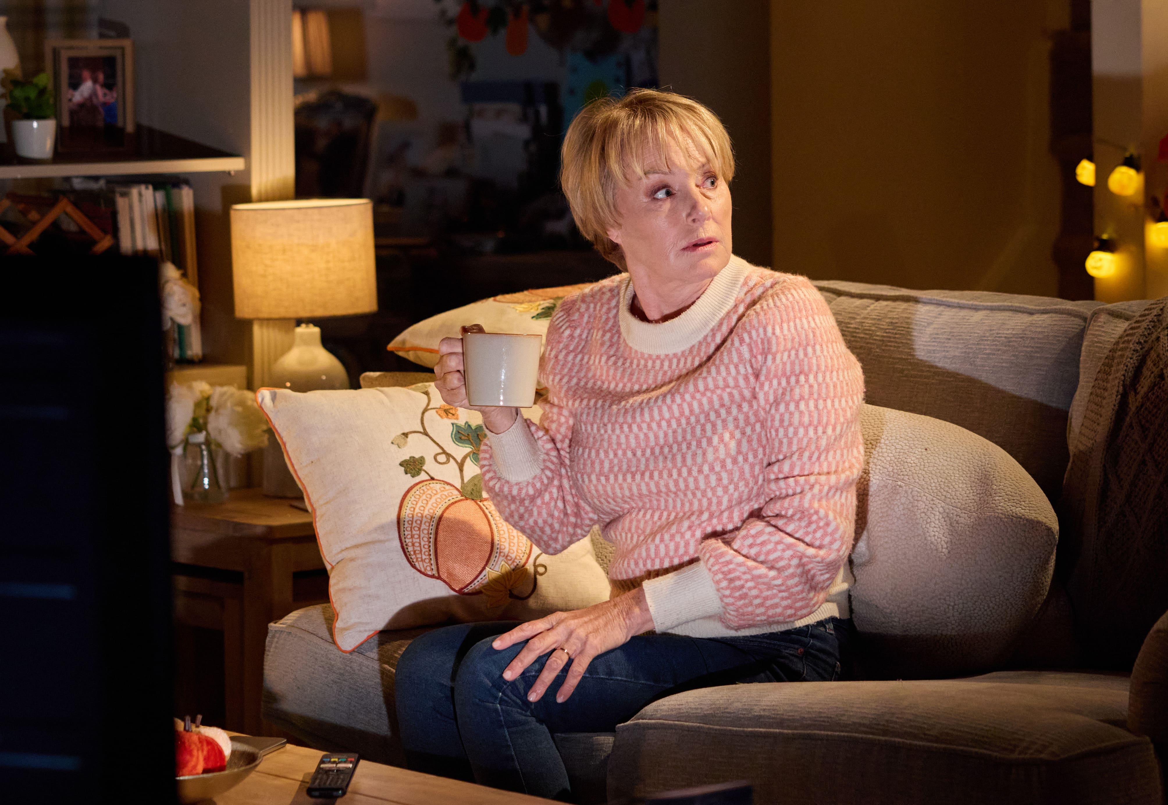 Sally with her tea in Corrie